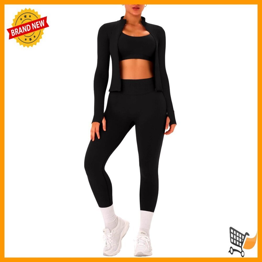 Seamless Workout Set Long Sleeve Jacket Scrunch Butt Leggings Racerback Bra